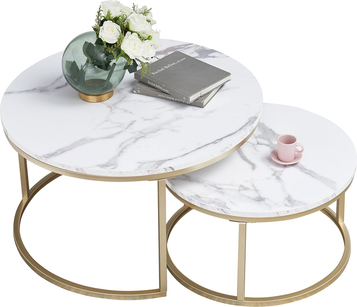 Happyment Luxe Salontafel - Wit en goud - Marmour look - Set van 2 - Landelijk - Woonkamer - Rond - 80 en 60cm