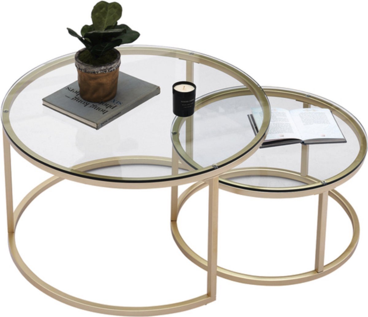 Bolt Edge Moderne Salontafel - Set van 2 - Landelijk - Rond - Glas - Goud - 80 en 60cm