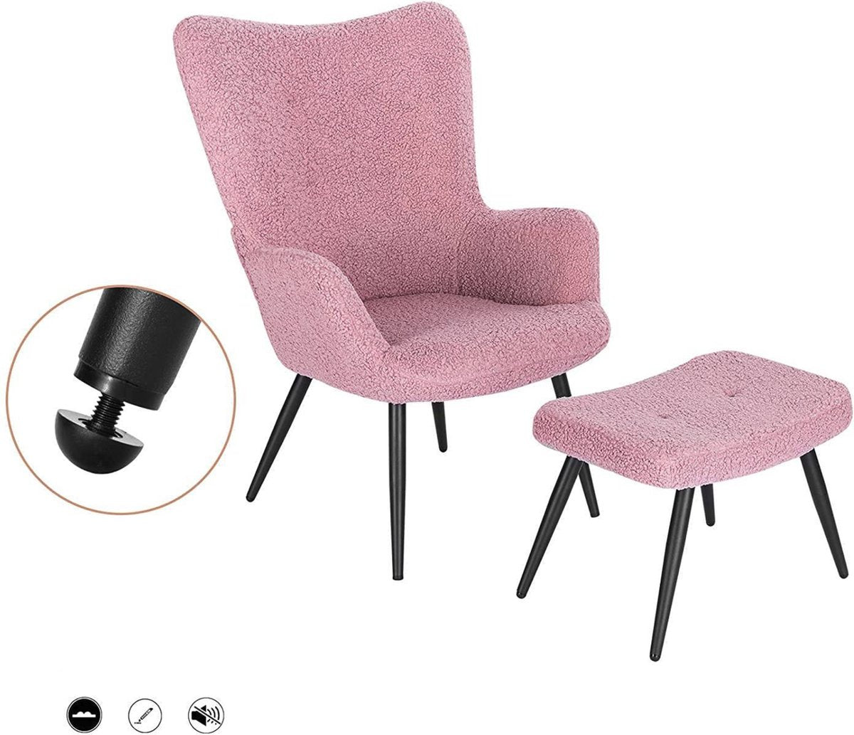Happyment Moderne Fauteuil - Met hocker - Armleuning - Voetenbank Woonkamer stoel - Corduroy - Roze