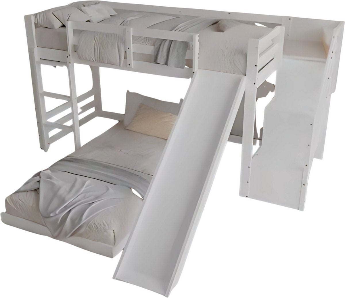 Luxe stapelbed voor kinderen - 90x200 cm - Met glijbaan - Kinderbedden - Hoogslaper - Met Hoektrap, valbeveiliging en raam - Peuterbed