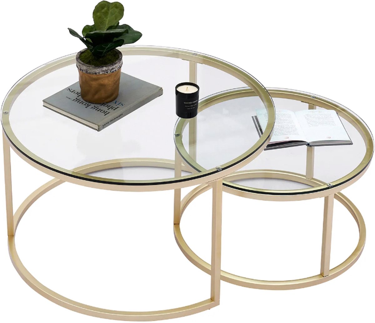 Happyment Salontafel modern - Set van 2 - Landelijk - Woonkamer - Rond - Goud - 60 en 40cm