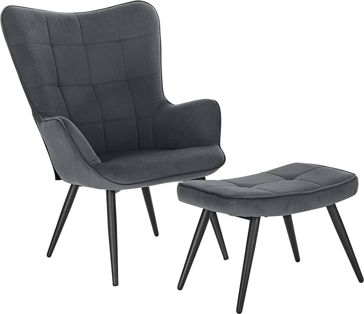 Fauteuil Deluxe met hocker - Armleuning - Voetenbank Woonkamer stoel - Corduroy - Donkergrijs