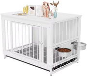 Houten Hondenbenche Zyrell - Hondenren - Hondenkrat Bijzettafel met Afneembare Kommen en Dienblad - Dubbele Deuren Hondenkennel voor Middelgrote Honden Binnen - 99 x 63 x 75 cm - Wit