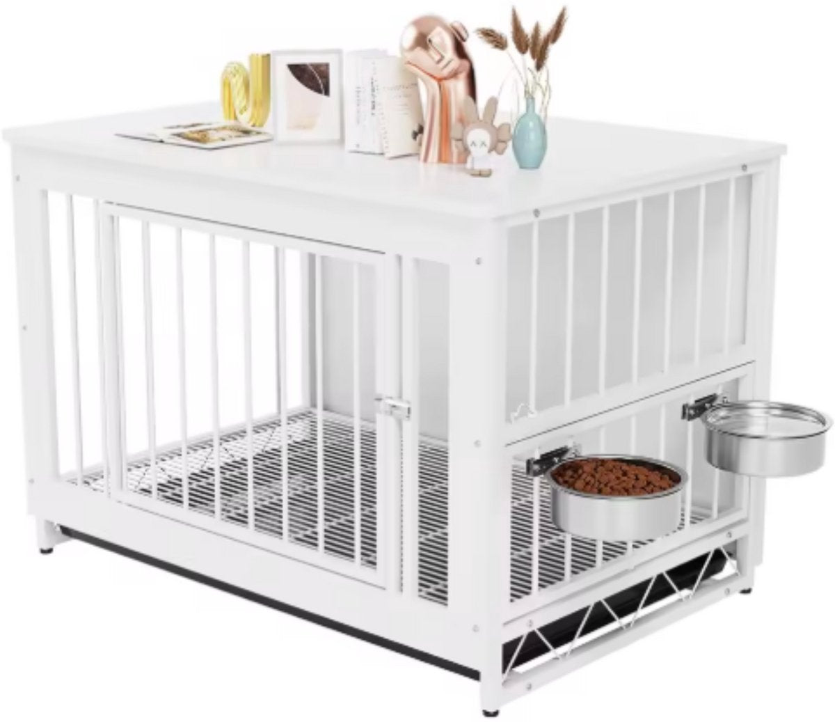 Houten Hondenbenche Zyrell - Hondenren - Hondenkrat Bijzettafel met Afneembare Kommen en Dienblad - Dubbele Deuren Hondenkennel voor Middelgrote Honden Binnen - 99 x 63 x 75 cm - Wit