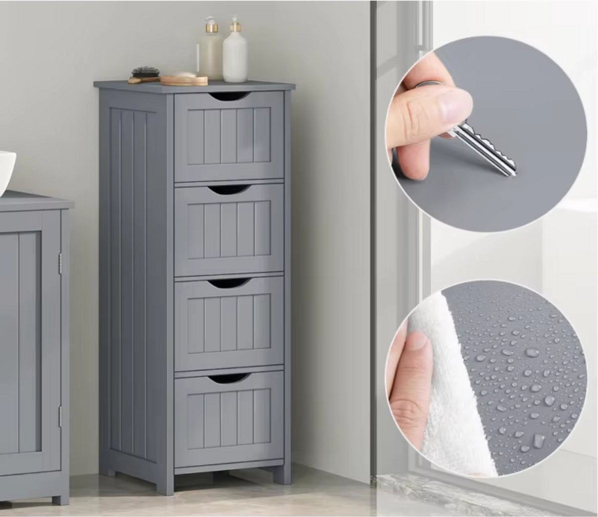 Badkamerkast Smal met 4 Laden - Vrijstaande Houten Kast 30x82x30 cm - Geschikt voor Badkamer & Woonkamer