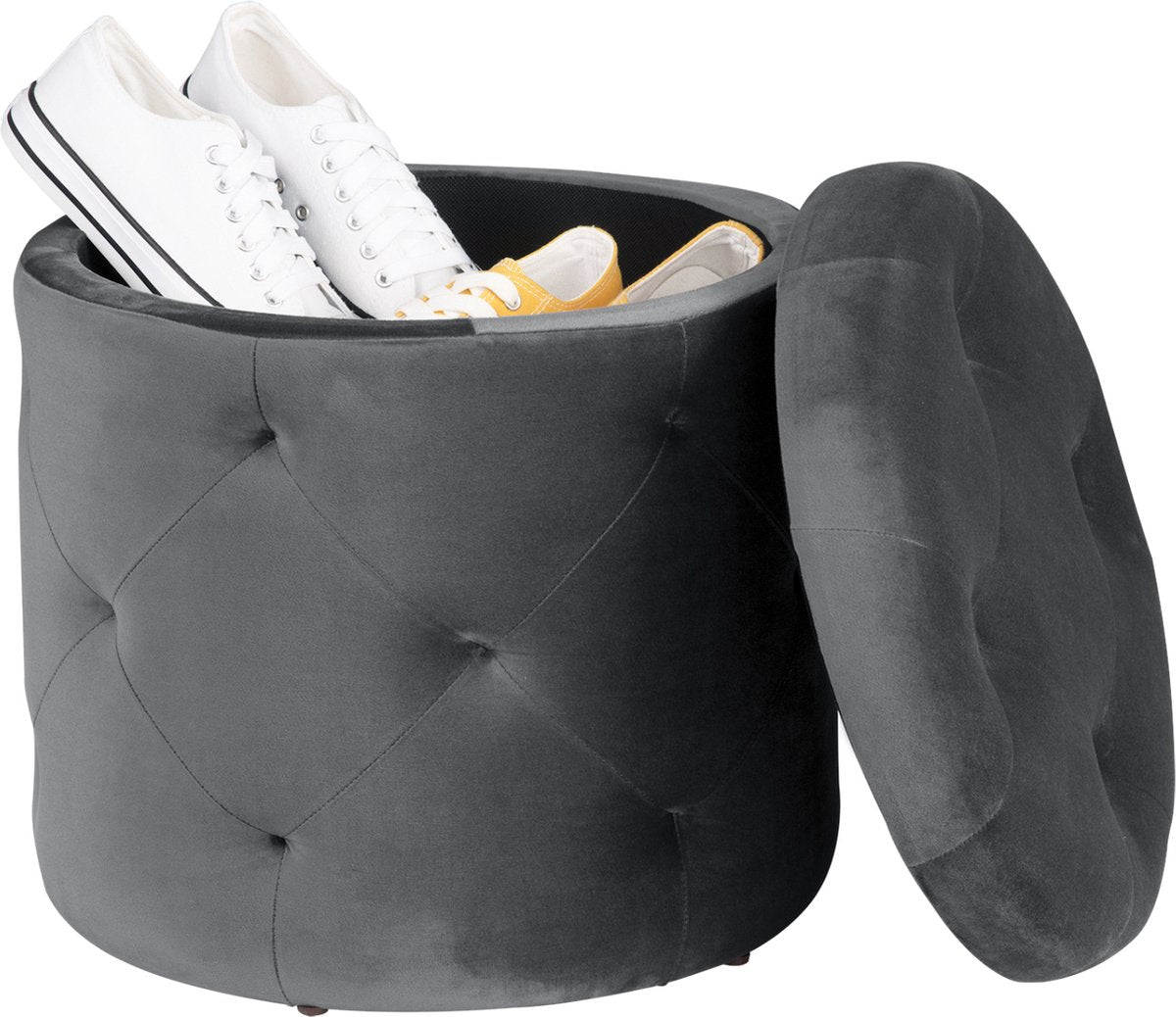 Luxe Ronde Poef Zizi - Met opbergruimte - Voetenbank met opbergruimte - Opbergbox hocker - Zitkist met deskel - Donkergrijs - Velvet - 39.5 x 39.5 x 40 cm