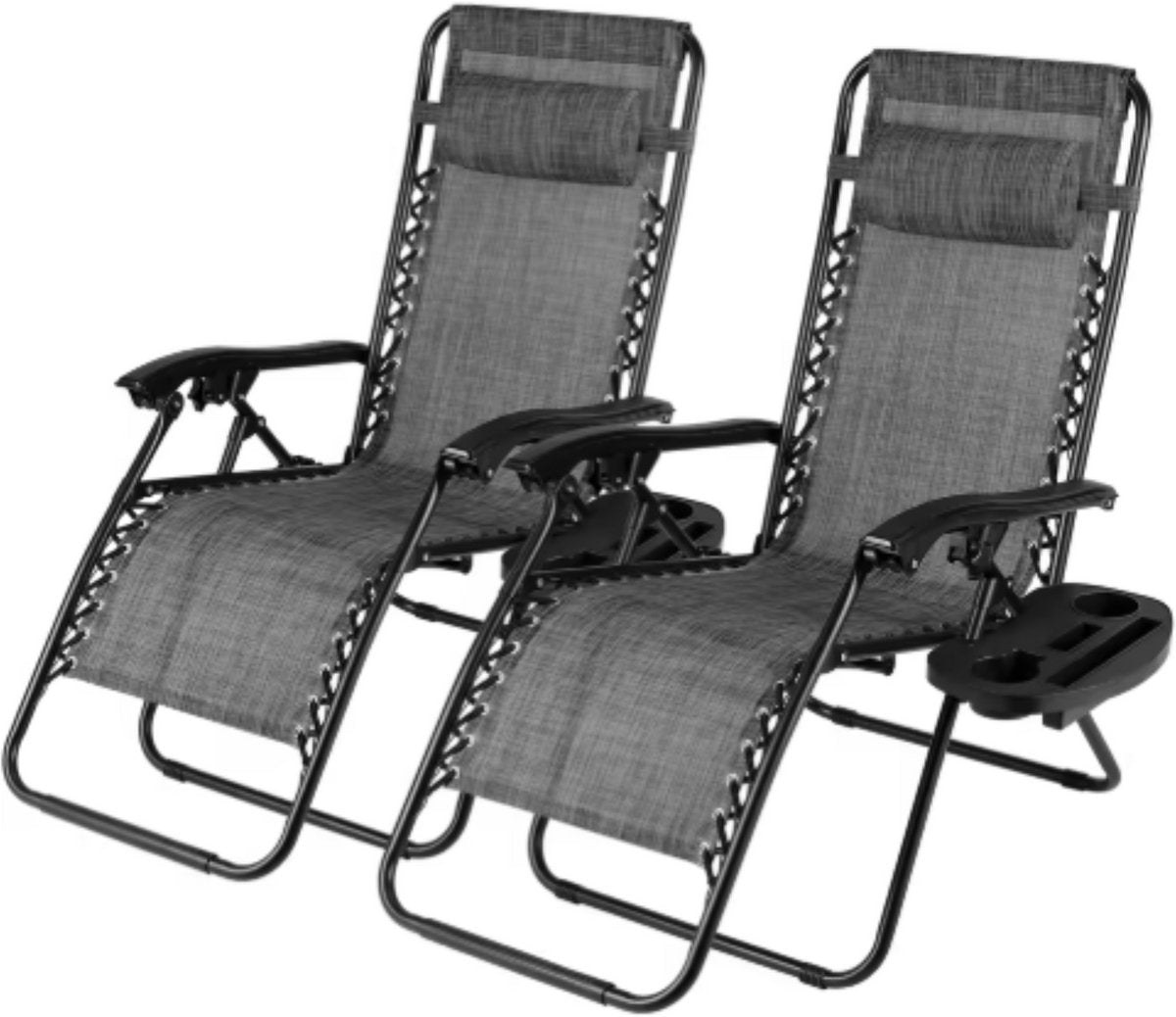 Opvouwbare stoel verstelbare stalen gaas - Zero Gravity lounge stoel - Fauteuils met kussens en bekerhouder - Grijs - 2 stuks