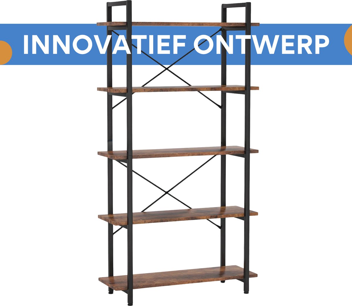 Boekenkast - Boekenplank - Wandplank - Boekenrek - Voor opbergen / woonkamer / kantoor - Industrieel - met open planken - Rustiek Bruin 04