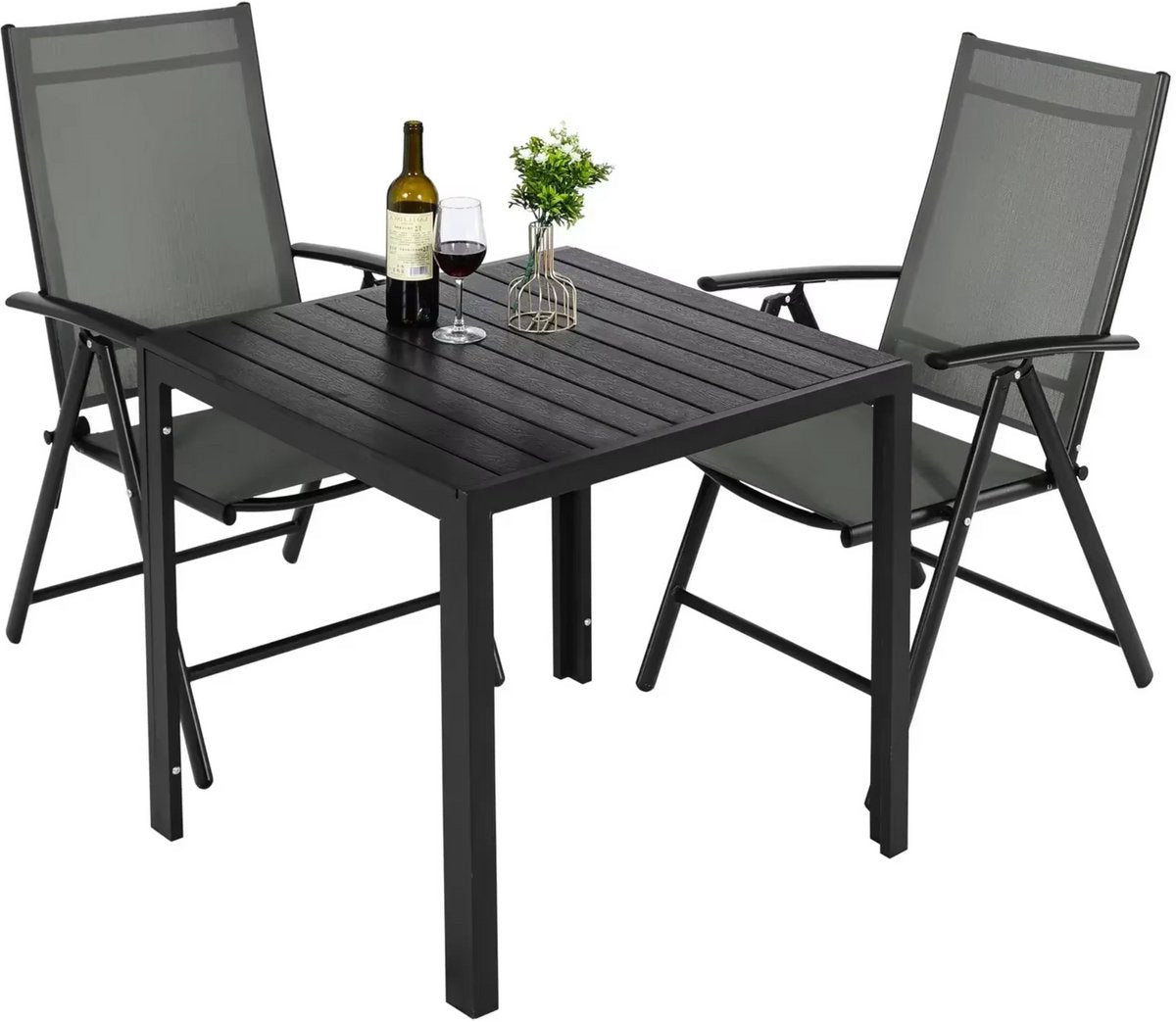 Tuinset met tuinstoelen - Tuintafel - 4 personns - Balkonset - 5-delige tuinemubelen - Aluminium - Zwart - Klapstoelen