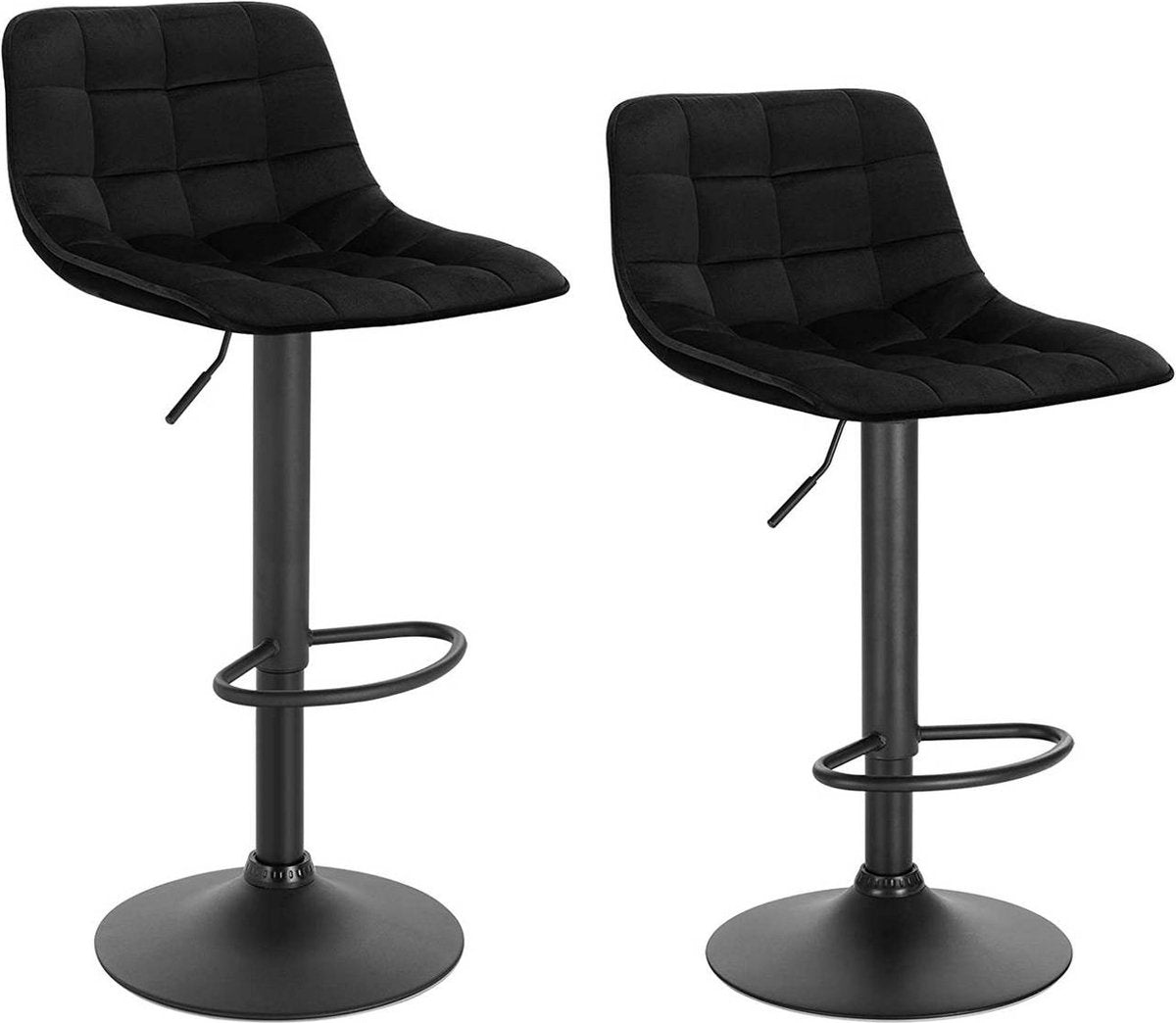 Velvet Barkrukken Geral - In hoogte verstelbaar - Met rugleuning - Set van 2 - Zwart - Barstoelen ergonomisch - Keuken en bar - Zithoogte 59-81cm