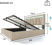 Bed - Tweepersoonsbedden - Tweepersoonsbed - Twijfelaar - Voor Slaapkamer - Met LED-verlichting, USB-C Oplaadfunctie, Lattenbodem & Opbergruimte - Linnen Bekleding - Inclusief Matras - 140x200 cm