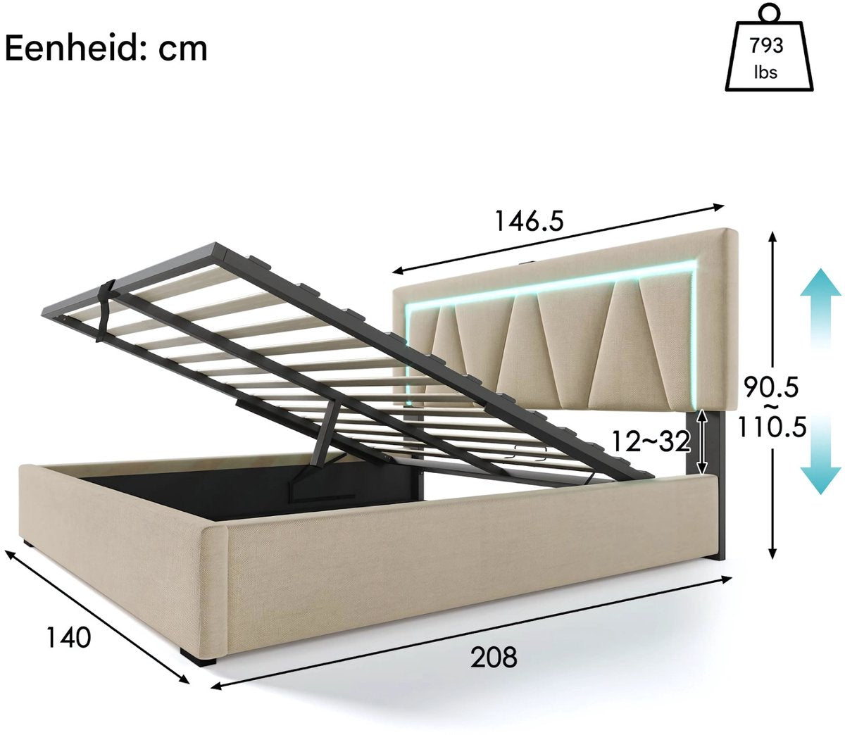 Bed - Tweepersoonsbedden - Tweepersoonsbed - Twijfelaar - Voor Slaapkamer - Met LED-verlichting, USB-C Oplaadfunctie, Lattenbodem & Opbergruimte - Linnen Bekleding - Inclusief Matras - 140x200 cm