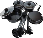 13-delige potten- en pannenset - Kookpannen - Kookpotten - Koekenpannen - Steelpan - Voor keuken & koken - Antiaanbaklaag met melkpot en koekenpan - Compleet keukengerei - Zwart