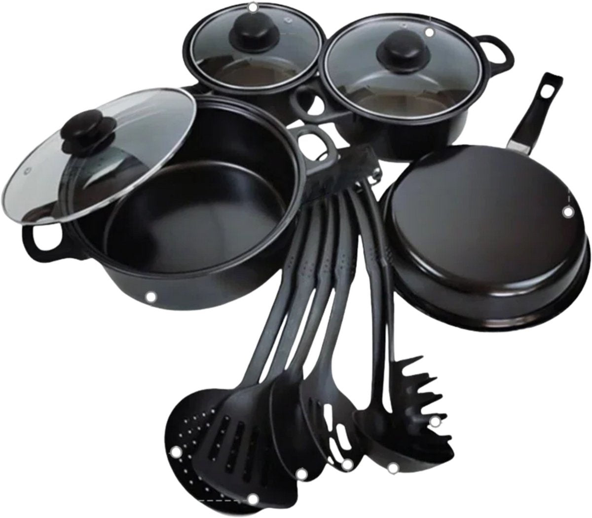 13-delige potten- en pannenset - Kookpannen - Kookpotten - Koekenpannen - Steelpan - Voor keuken & koken - Antiaanbaklaag met melkpot en koekenpan - Compleet keukengerei - Zwart