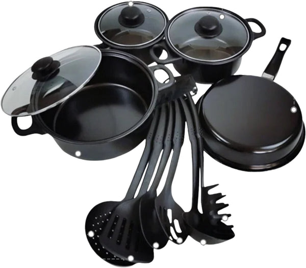 13-delige potten- en pannenset - Kookpannen - Kookpotten - Koekenpannen - Steelpan - Voor keuken & koken - Antiaanbaklaag met melkpot en koekenpan - Compleet keukengerei - Zwart