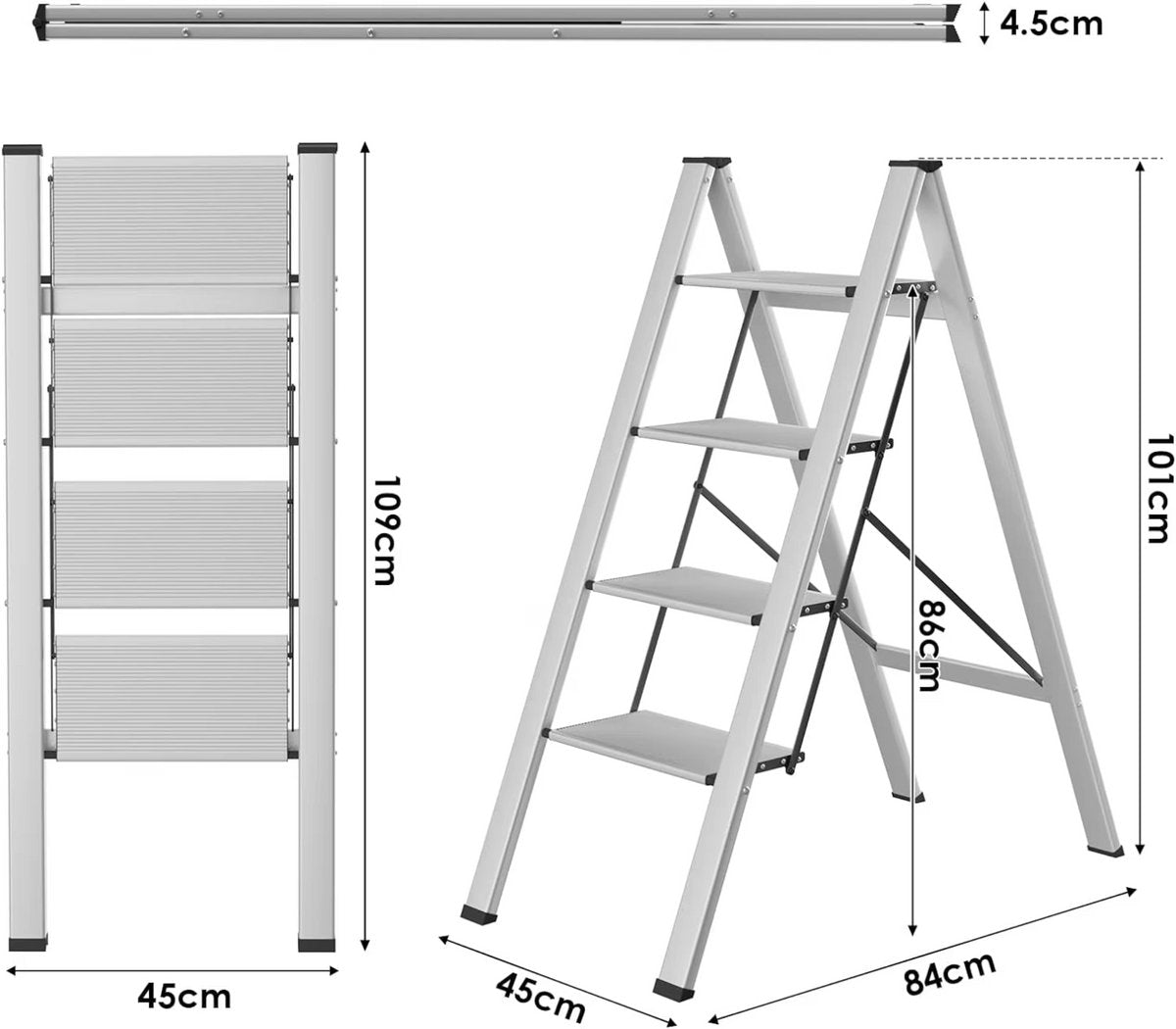 Trapladder - Keukentrap - Huishoudtrap - 4-treden - Voor Thuisgebruik en Klussen - Opvouwbaar, Aluminium met Antislipvoeten - Lichtgewicht en Draagbaar, Max. 150 kg