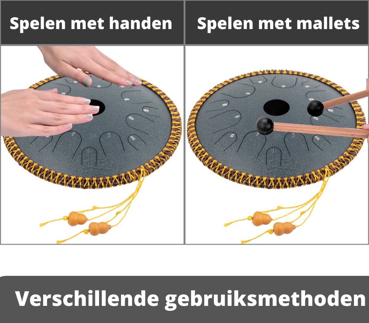 Happyment Stalen Tongdrum - Tongtrommel - Schijftrommel - Tong Drummer - Steel Tongue Drum - Klankschaal - Percussie Instrument - Handpan Drum met Accessoires - Goud - 14 Noten - 30 cm
