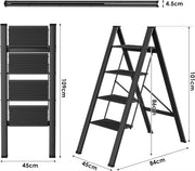 Huishoudtrap - Keukentrap - 4 treden - Ladder Aluminium - Opstapkruk met anitslip - Lichtgewicht - 150KG Belastbaar - Zwart