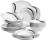 Prestige Montario Salade Kom - 24 delig - 6 personen- Wit/Zwarte Strepen - Dinerborden - Bordenset - Diepe borden - Ontbijtborden - Servies - Keukenservies - Luxe design - Tafelstijl