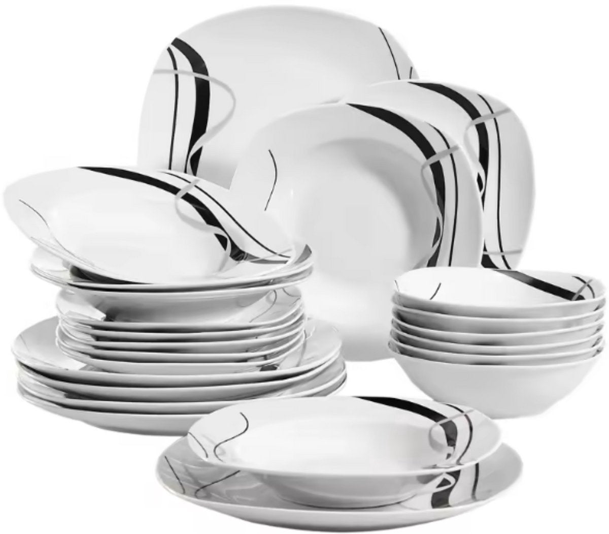 Prestige Montario Salade Kom - 24 delig - 6 personen- Wit/Zwarte Strepen - Dinerborden - Bordenset - Diepe borden - Ontbijtborden - Servies - Keukenservies - Luxe design - Tafelstijl