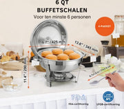 Buffetwarmer - Warmhoudplaat elektrisch - Voedselverwarmer - Chafing dish - Warmhoudbakken - RVS Set - 5,38L - 4-delig Ronde Container