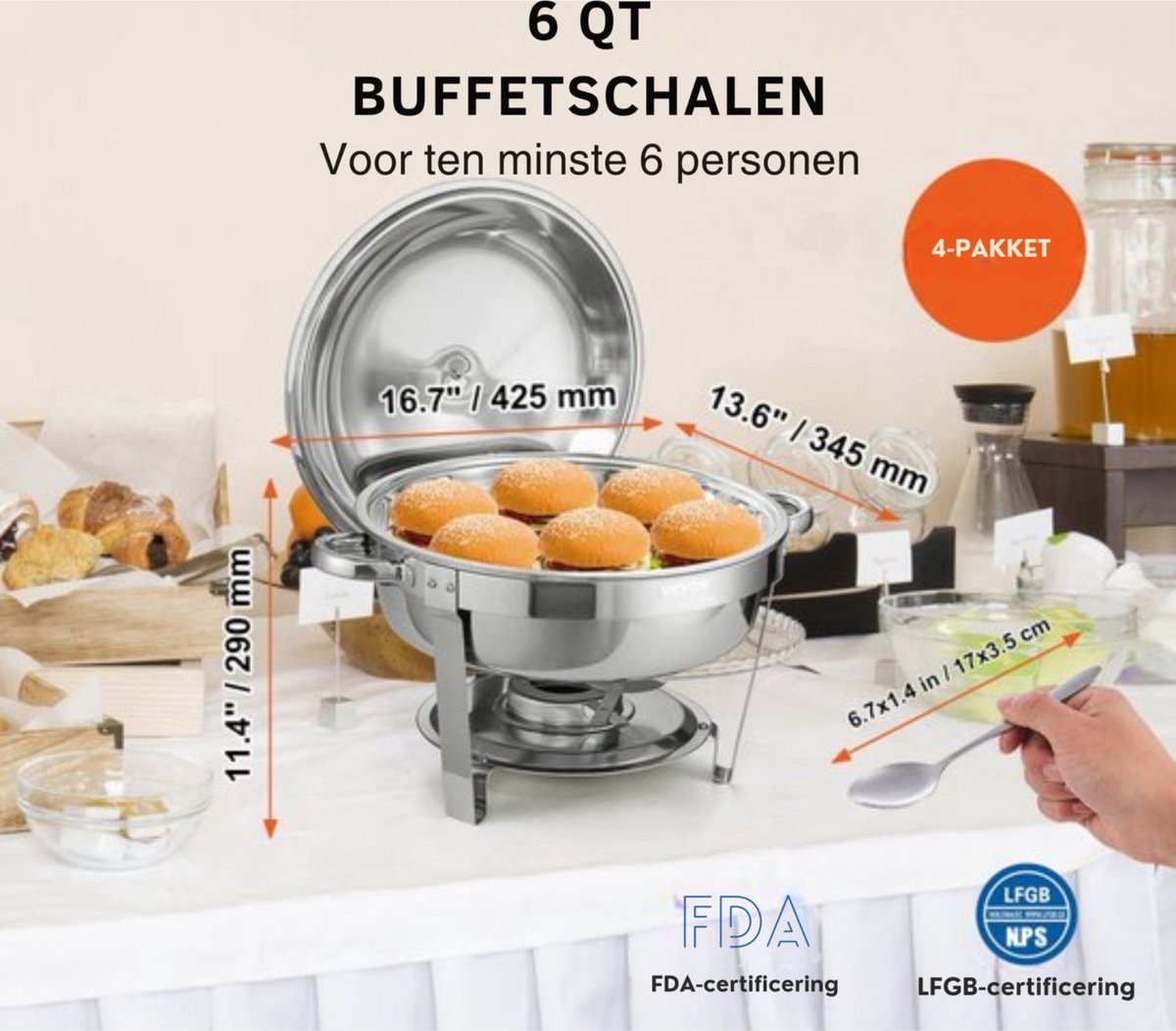 Buffetwarmer - Warmhoudplaat elektrisch - Voedselverwarmer - Chafing dish - Warmhoudbakken - RVS Set - 5,38L - 4-delig Ronde Container