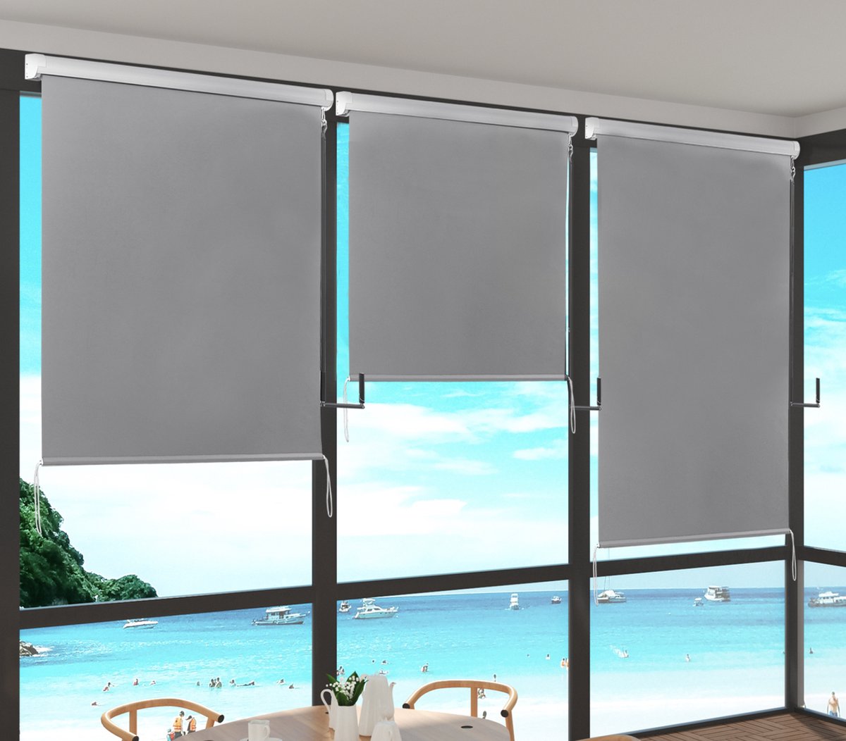 Happyment Rolgordijn met crank - Grijs - 140x240cm - Rolgordijnen verduisterend - Luxaflex - Waterafstotend - Isolerend - Zonder of met boren - Voor balkon