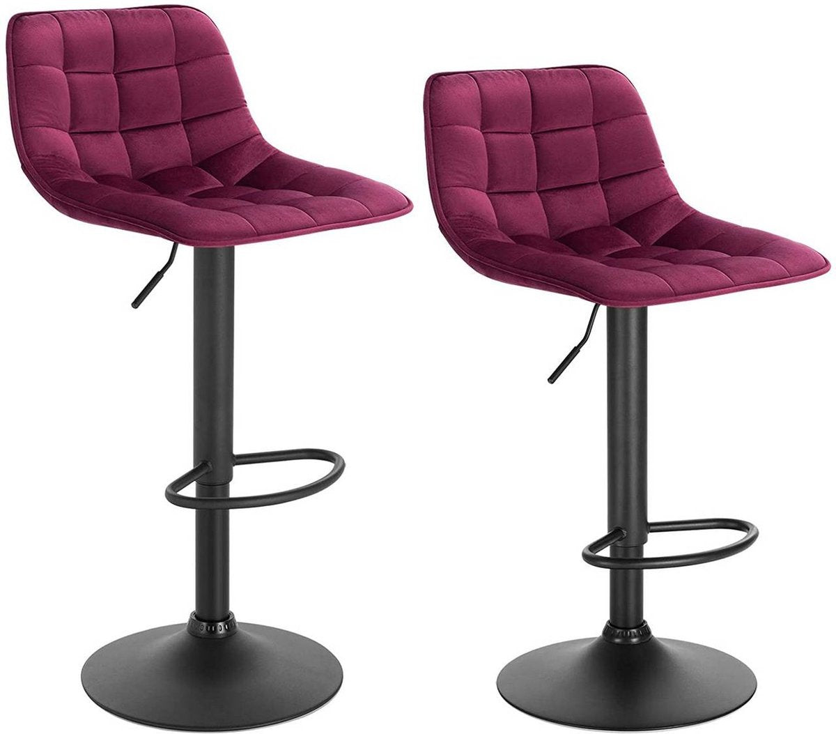 Velvet Barkrukken Dera - In hoogte verstelbaar - Met rugleuning - Set van 2 - Bordeaux - Barstoelen ergonomisch - Keuken en bar - Zithoogte 59-81cm
