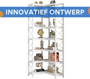 Hoekkast Verletta - Met 7 Lagen - Boekenkast voor woonkamer of slaapkamer - Wit opbergrek - Hout en metaal