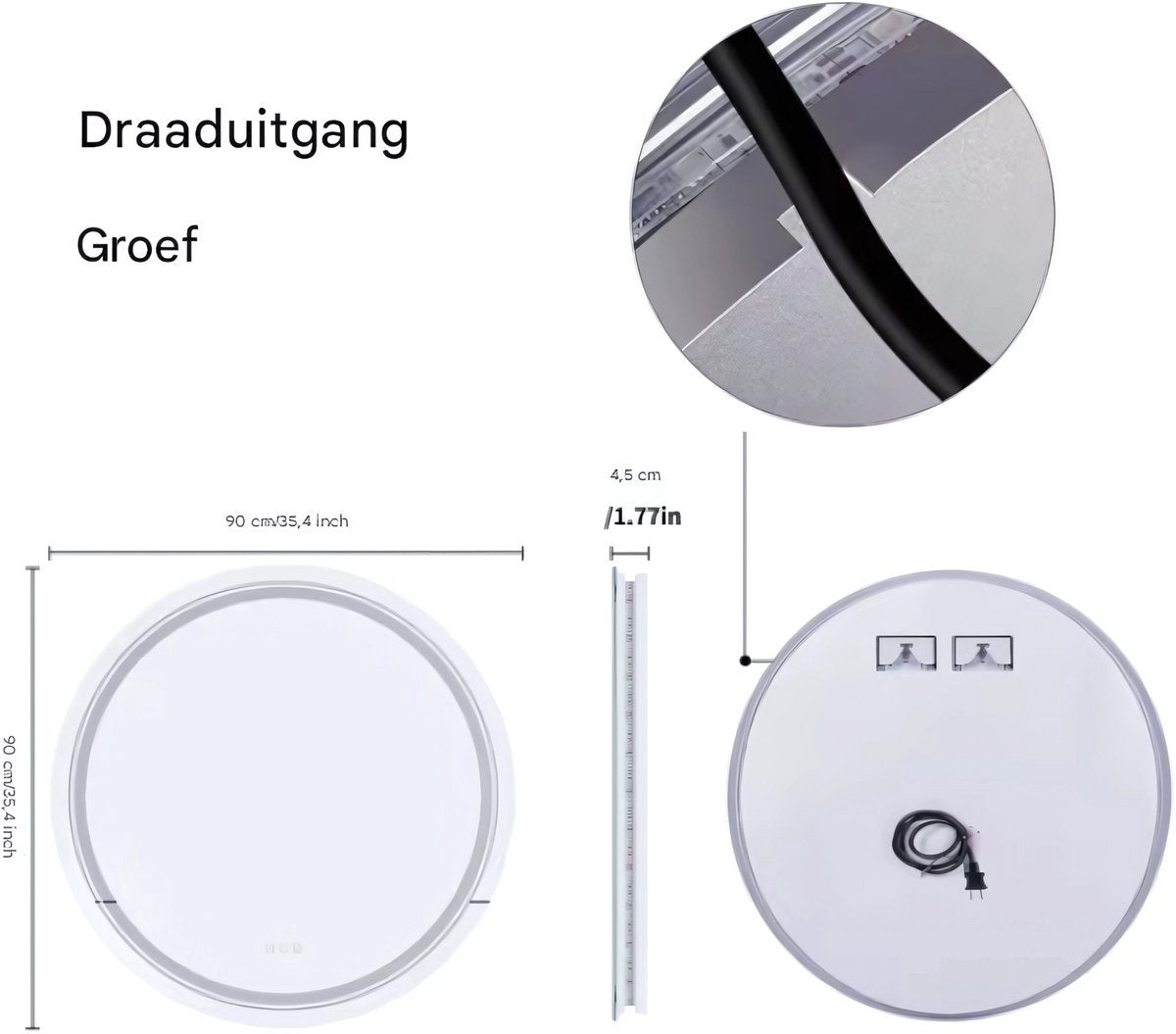 Badkamerspiegel Vaylen - Ronde LED - Met verwarming en verlichting - Geen condens - Spiegel voor badkamer - 90cm