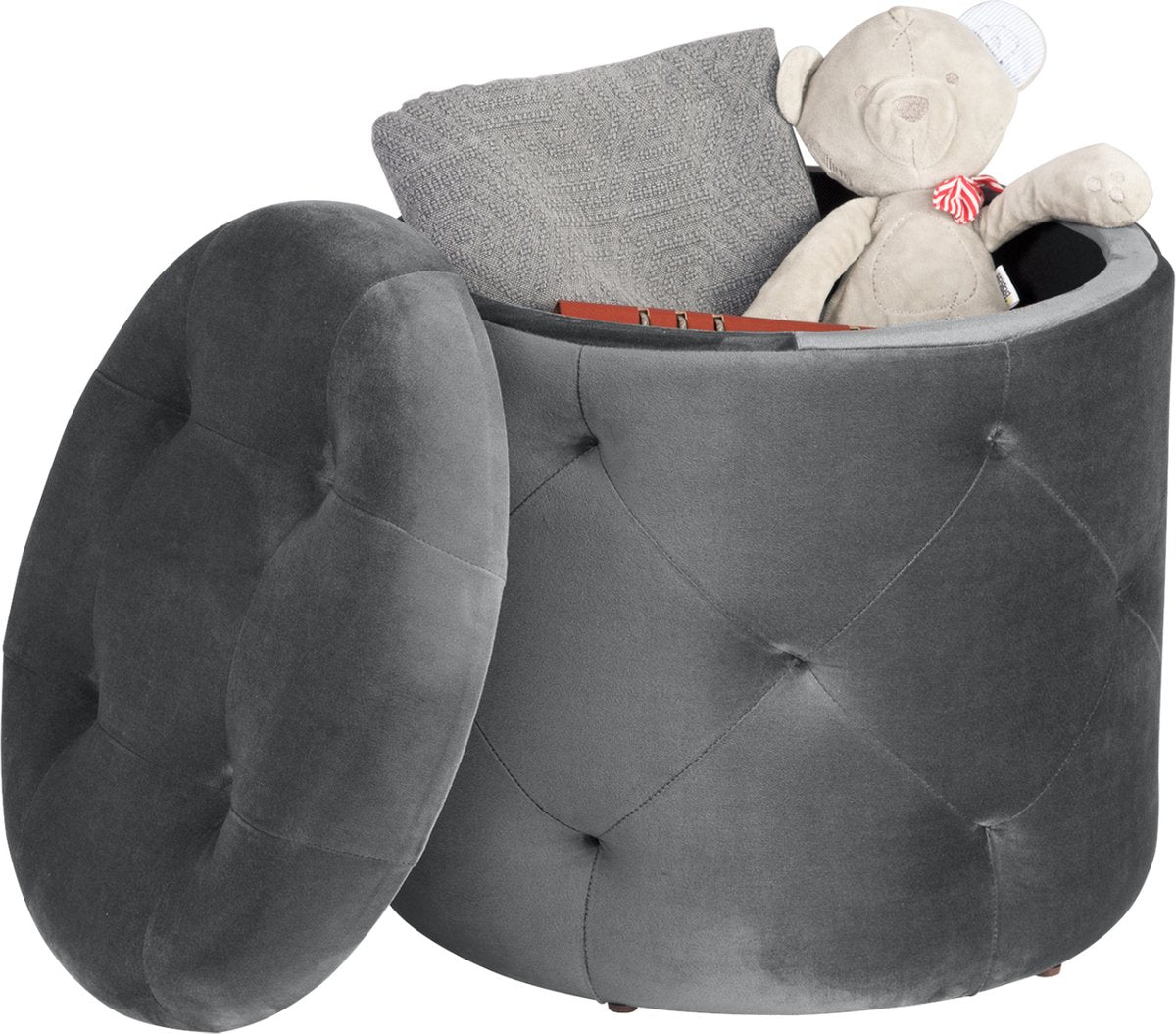 Luxe Ronde Poef Zizi - Met opbergruimte - Voetenbank met opbergruimte - Opbergbox hocker - Zitkist met deskel - Donkergrijs - Velvet - 39.5 x 39.5 x 40 cm