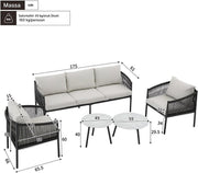 Tuinmeubelset - Loungeset - Tuinlounge Lounge Set - 3-zits Sofa met Fauteuils & Banktafels - Handgevlochten Touw & Marmeren Glasplaat - Grijs Stalen Frame