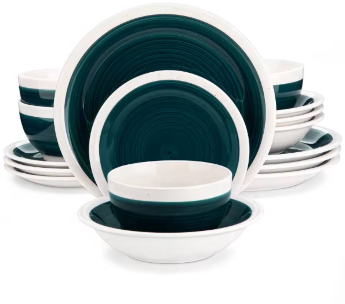 Verdano Serviesset - 32 delig - 8 persoons - Donkergroen/Witte rand - Dinerborden - Bordenset - Diepe borden - Ontbijtborden - Servies - Keukenservies