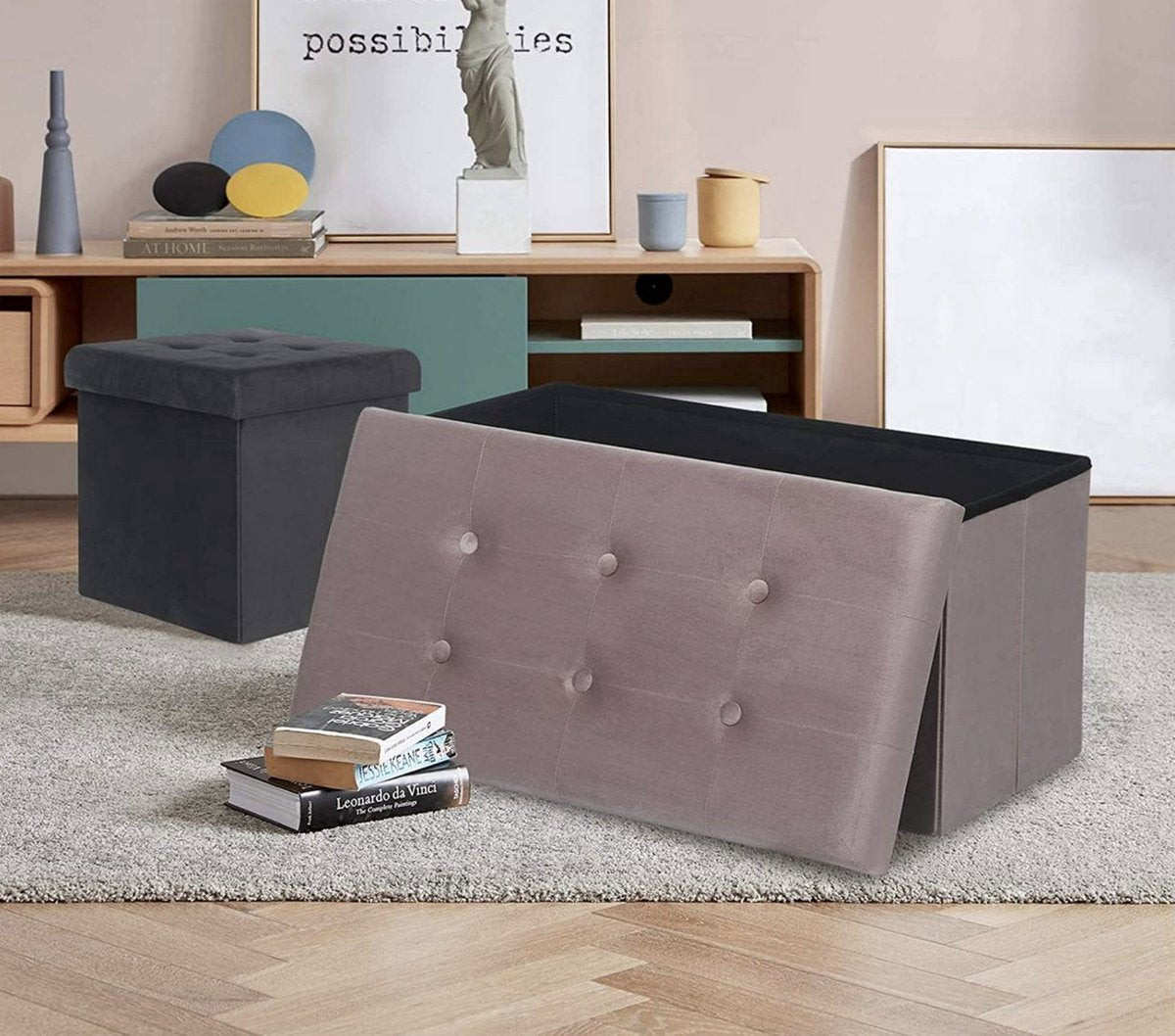 Moderne Opbergbank - Zitbank Poef - Roze Velvet - Met opbergruimte - 76x38x38cm