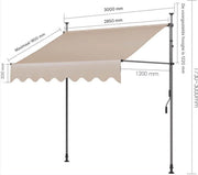 Luifel Balkon Zyrell - Luifelklem voor Tuin en Zonbescherming - Intrekbare, UV-bestendige Luifel zonder Boren - 3x1,2m - Khaki