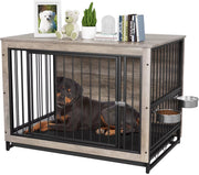 Houten Hondenbenche - Hondenren - Hondenkrat Bijzettafel met Afneembare Kommen en Dienblad - Dubbele Deuren Hondenkennel voor Middelgrote Honden Binnen - 99 x 63 x 75 cm - Grijs