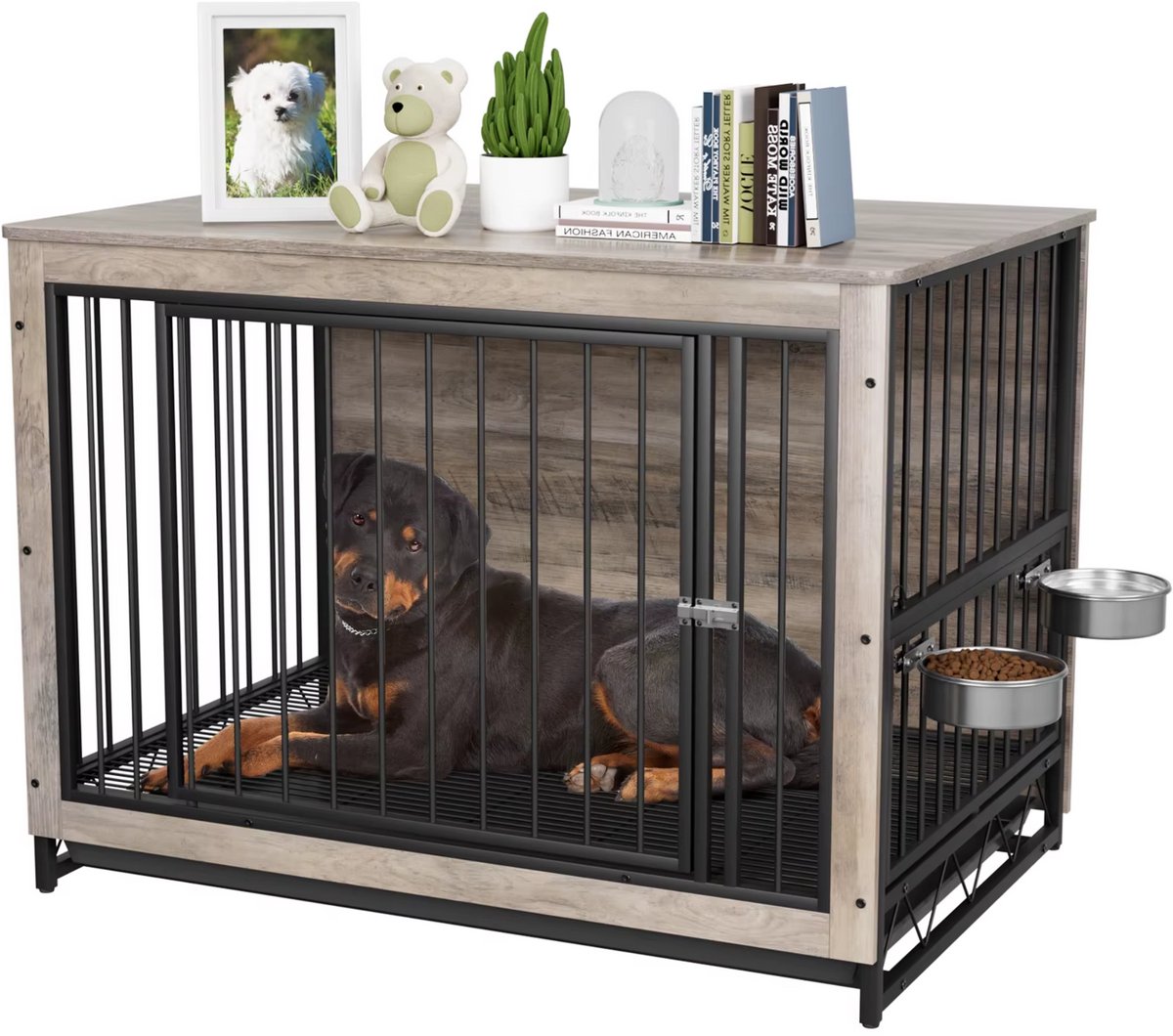Houten Hondenbenche - Hondenren - Hondenkrat Bijzettafel met Afneembare Kommen en Dienblad - Dubbele Deuren Hondenkennel voor Middelgrote Honden Binnen - 99 x 63 x 75 cm - Grijs
