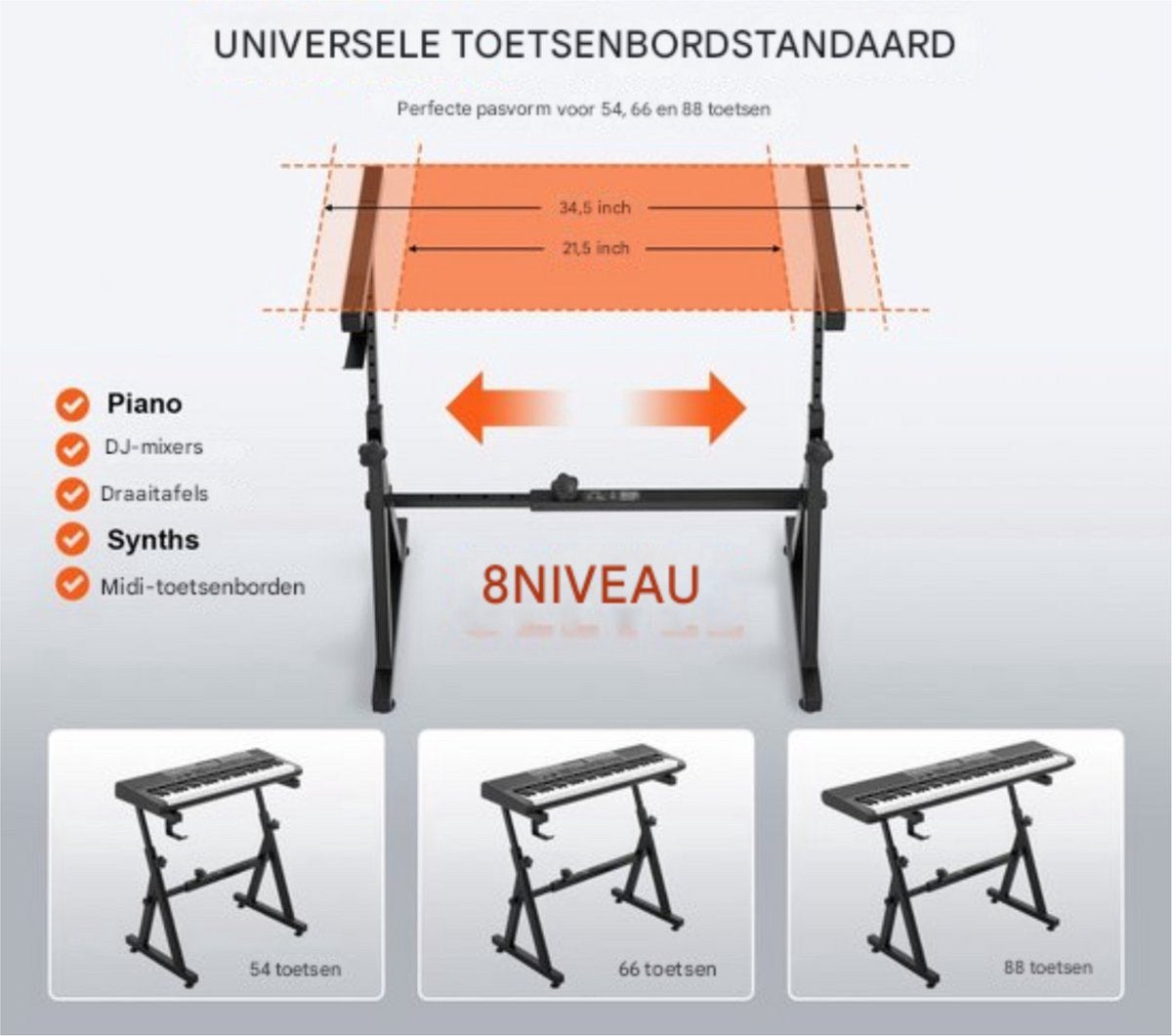 Keyboard standaard - Piano - Verstelbaar - Z-vormig - Verstelbaar in Lengte & Breedte - Stalen houder