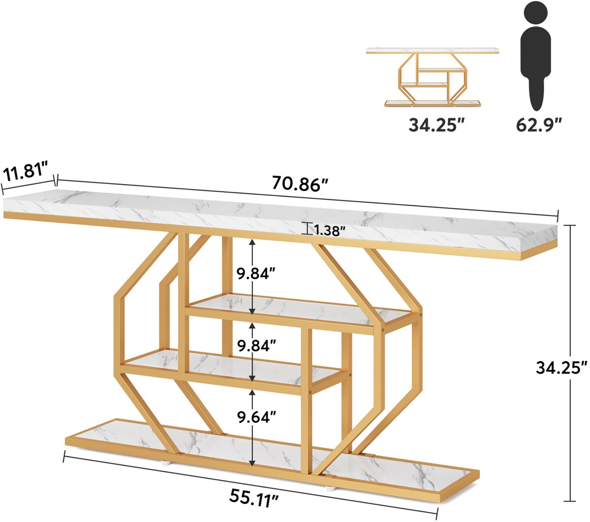 Moderne Haltafel Vexa - Goud - Wandtafel - Consoletafel - 30x180x90 cm - Voor Gang en Woonkamer
