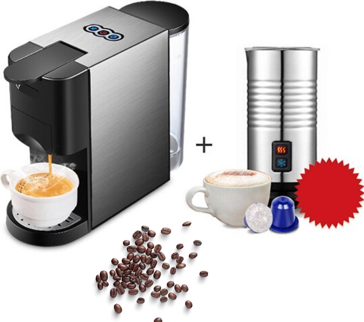 Happyment 4 in 1 Koffiemachine - Koffiezetapparaat - Koffie Automaat - Automatisch - Nespresso - Dolce Gusto - Koffiepoeder - Koffiepads - Met Melkopschuimer
