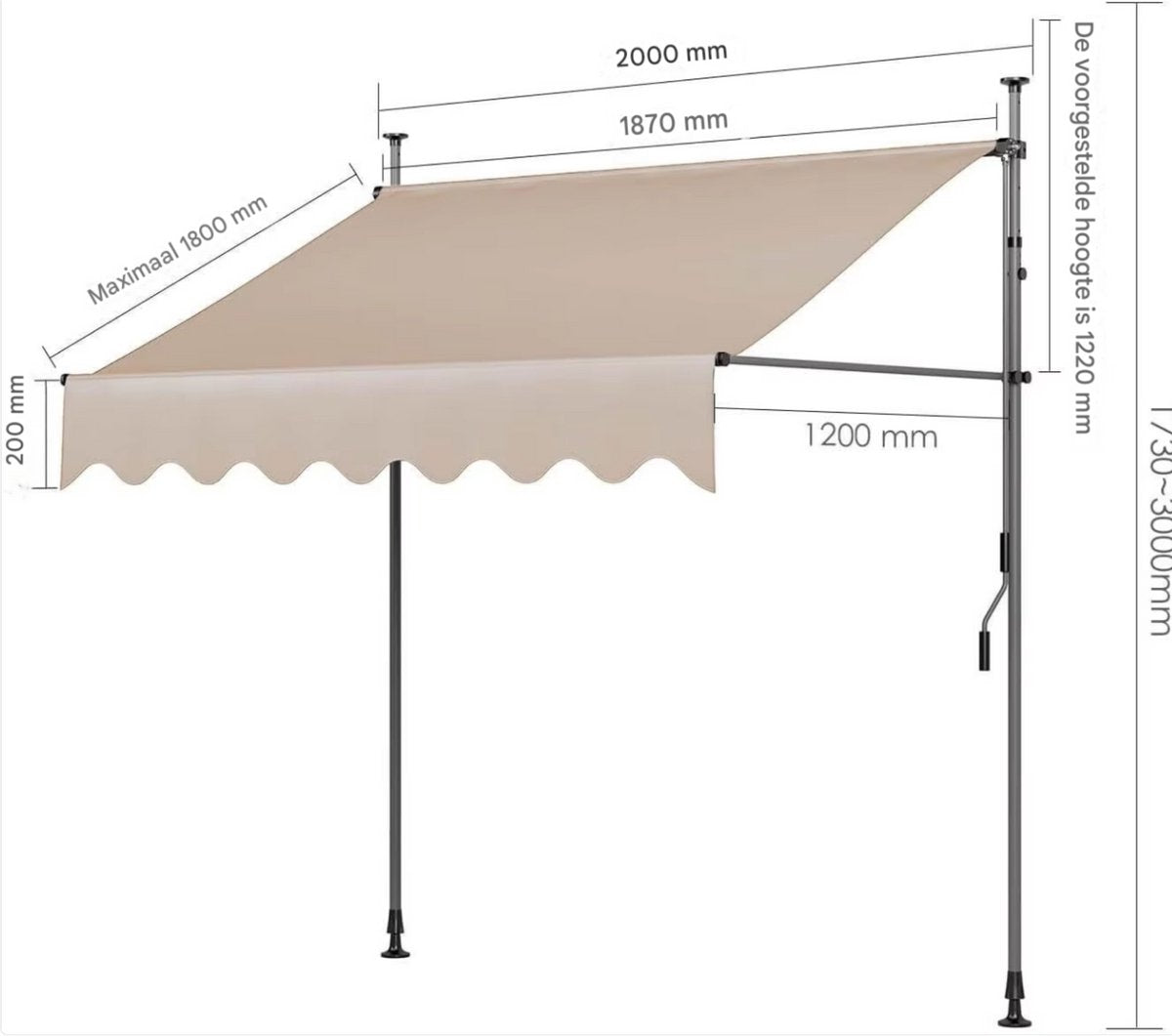 Luifel Balkon - Luifelklem voor Tuin en Zonbescherming - Intrekbare, UV-bestendige Luifel zonder Boren - 2x1,2m - Khaki