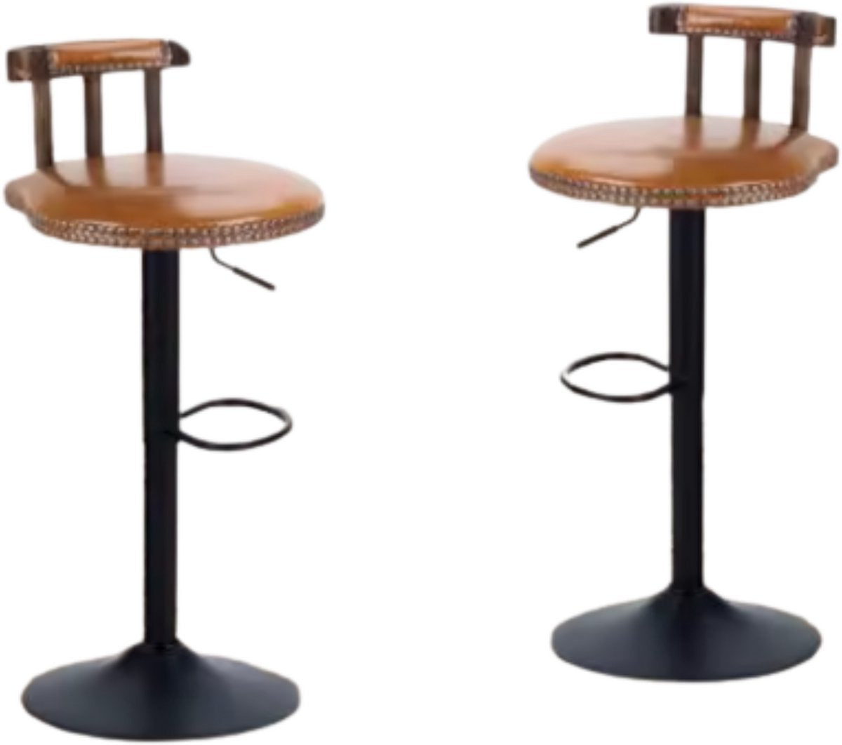 Retro Barkrukken - Set van 2 - Met rugleuning - Licht bruin - Verstelbaar - Voor Keuken, Bar of woonkamer - Draaibaar - PU leer