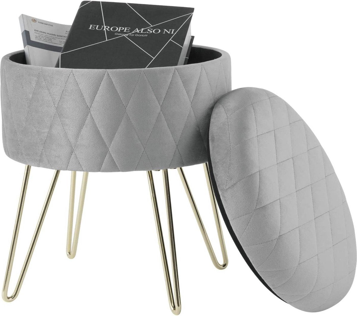 Happyment Poef deluxe - Voetenbank met opbergruimte - Lichtgrijs - Opbergbox hocker - Velvet - Zitkist met deskel - Lichtgrijs - 31.5x31.5x36cm