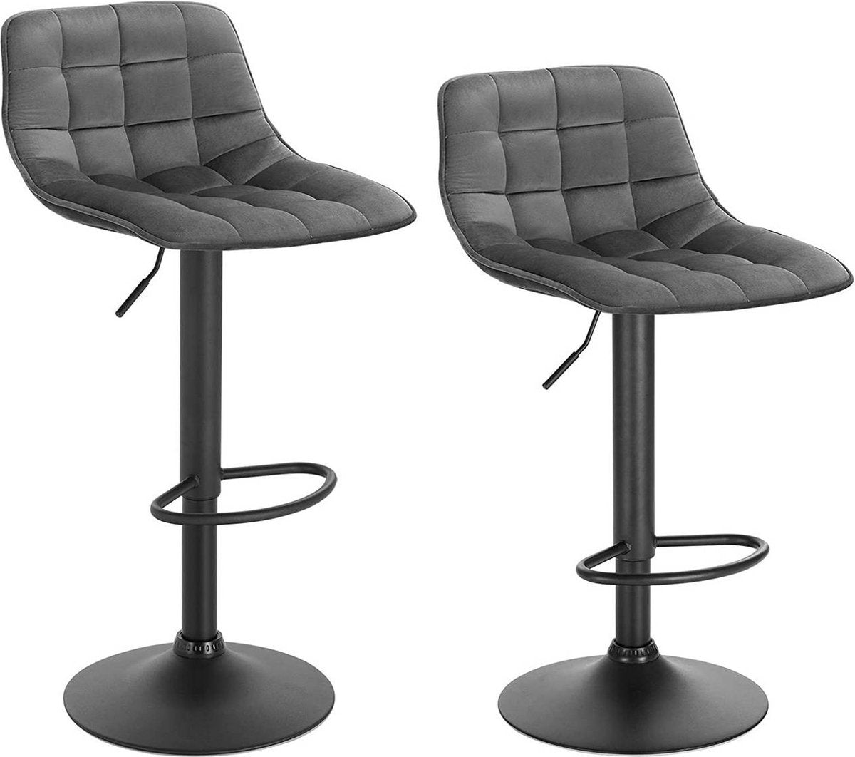 Velvet Barkrukken Mida - In hoogte verstelbaar - Met rugleuning - Set van 2 - Donkergrijs - Barstoelen ergonomisch - Keuken en bar - Zithoogte 59-81cm