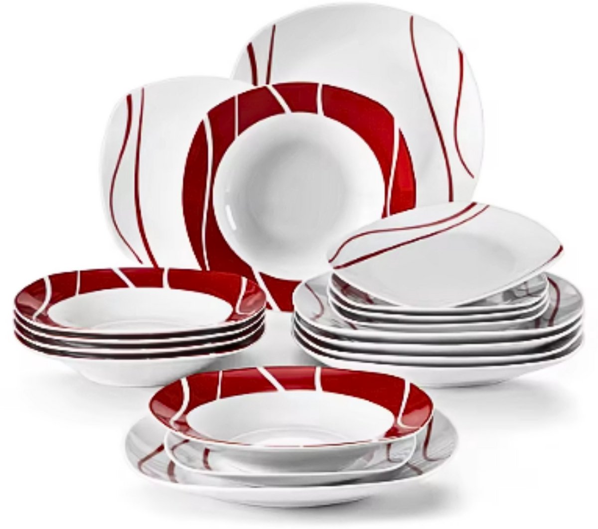 Regal Serviesset – 6 persoons – 18 delig – Wit/Rood Keramisch – Dinerborden – Ontbijtborden