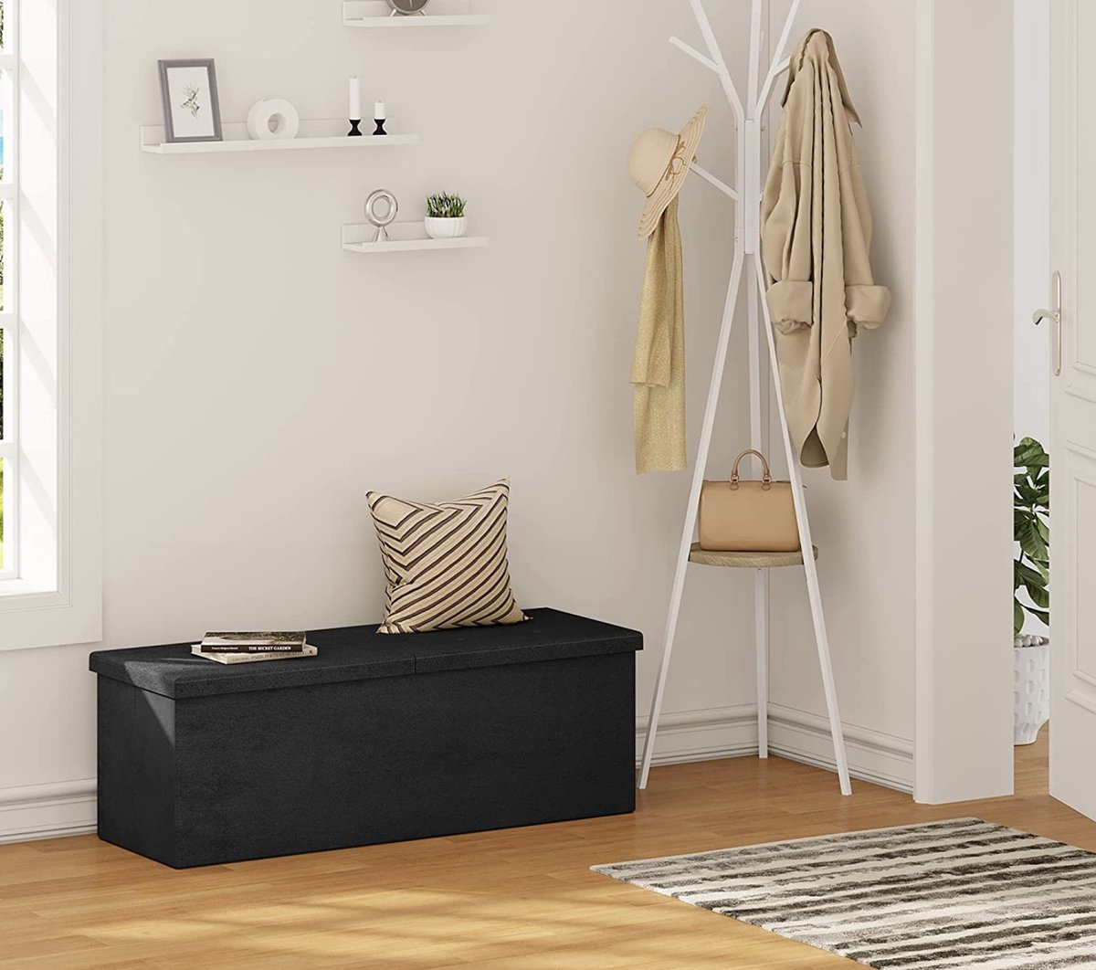 Happyment Opbergbank Zaza - Met opbergruimte - Zitbank Poef - Voetenbank - Opbergbox hocker - Zitkist met deskel - Donkergrijs - Zwart - 110x38x38 cm