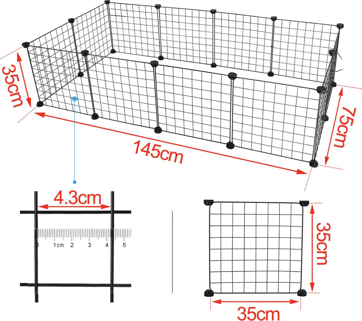 Happyment Dierenren Lodo - Extra hoog - Knaagdierenren Ren - Verstelbaar - Konijnenren - Kippenren - Puppyren - Kattenren - Zwart - 145x75x35