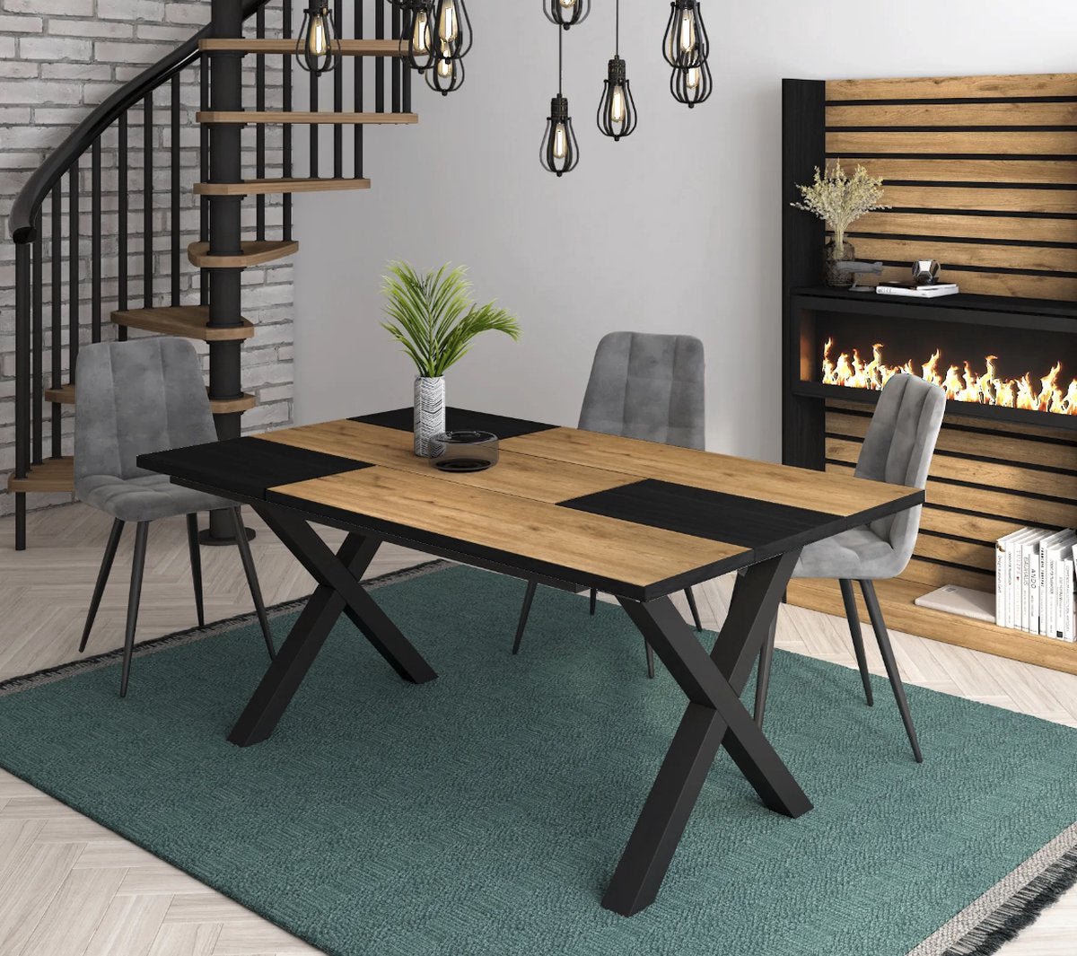 Happyment Eettafel Divo - Rechthoek - 4 tot 6 personen - Massief hout - Premium look - Eetkamertafel - X poten - Zwart/bruin - 170x90x75cm