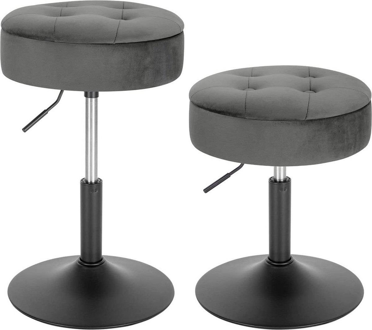 Mini Barkruk - Grijs - Set van 1 - Kleine ronde kruk - Met opbergruimte - Keuken - Barstoel - Velvet - Verstelbaar in hoogte - Zithoogte 49-65cm