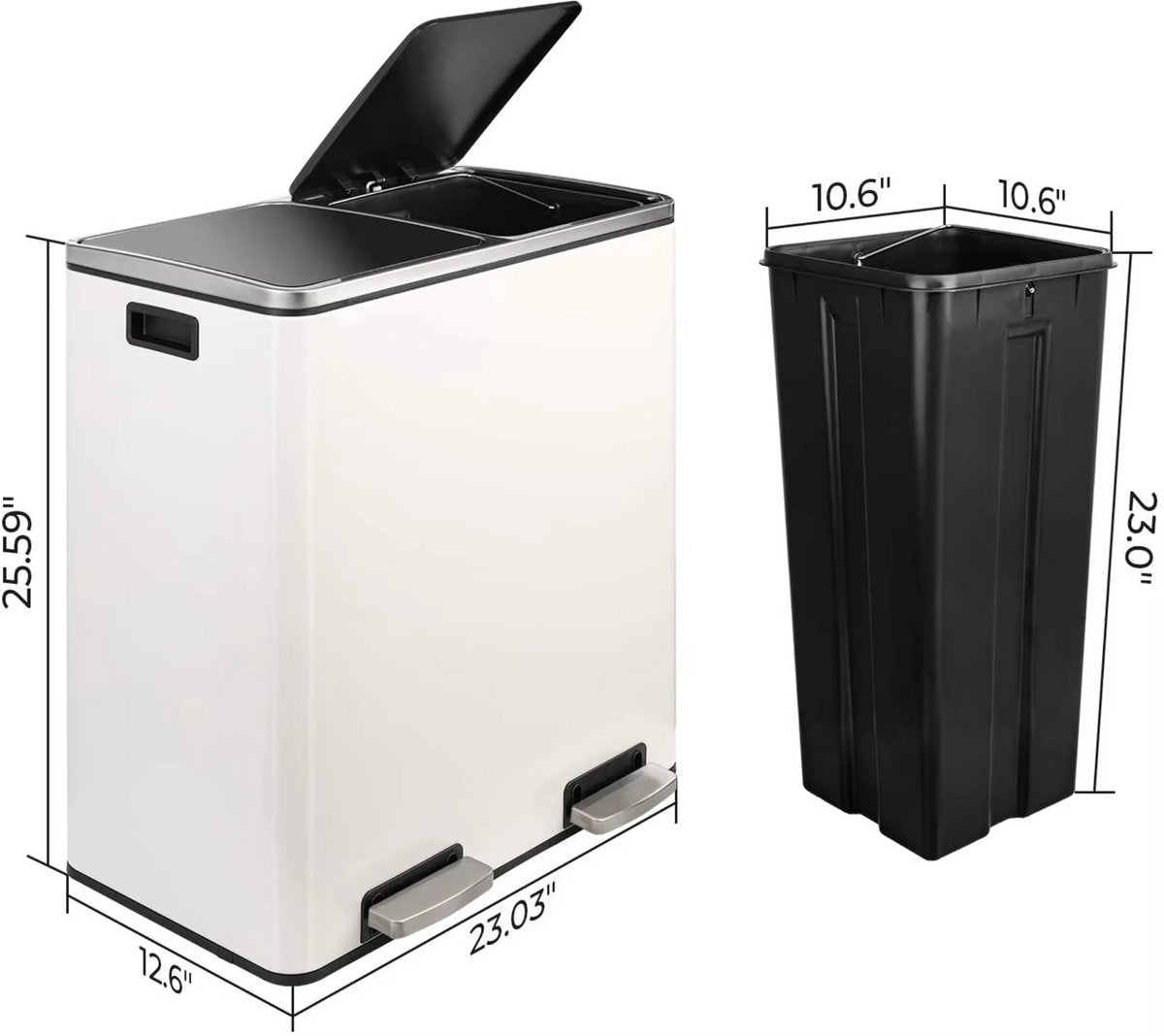 Pedaalemmer 2 vakken - 60L - Prullenbak - Afvalscheiding - RVS - Softclose - Anti-slip - Wit